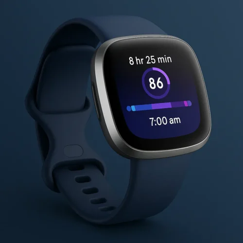 Fitbit Versa 4 displaying sleep score and sleep stages on dark blue band