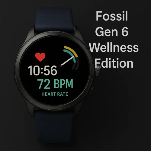 Fossil Gen 6 Wellness Edition smartwatch showing heart rate on vibrant display with navy strap