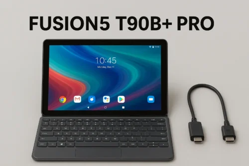 Fusion5 T90B+ Pro tablet with detachable keyboard and full-size HDMI cable