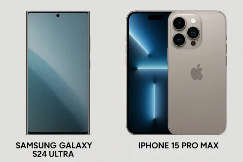 Samsung Galaxy S24 Ultra and iPhone 15 Pro Max side-by-side product comparison 2025