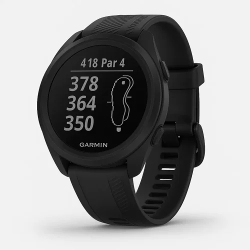 Garmin Approach S12 golf GPS smartwatch with round monochrome display and matte black case