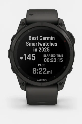 Garmin Fenix 7 Pro smartwatch with rugged design and solar-powered display showing heart rate and elapsed time