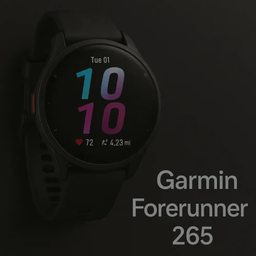 Garmin Forerunner 265 smartwatch with black strap and colorful display showing time, heart rate, and distance