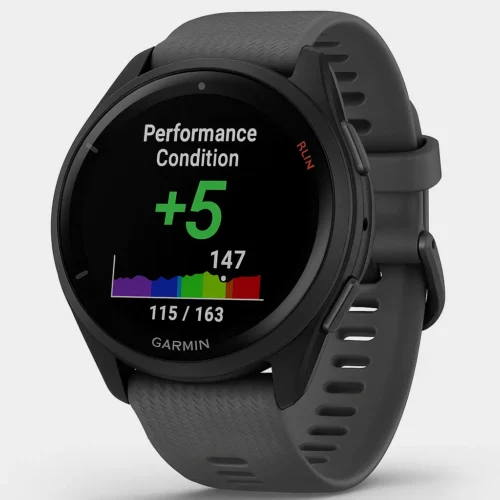 Garmin Forerunner 265 smartwatch showing performance condition and heart rate data on AMOLED display