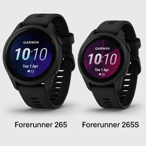 Garmin Forerunner 265 and Forerunner 265S side by side showing display and size difference