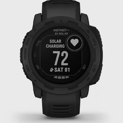 Garmin Instinct 2X Solar rugged GPS smartwatch showing solar charging and heart rate display