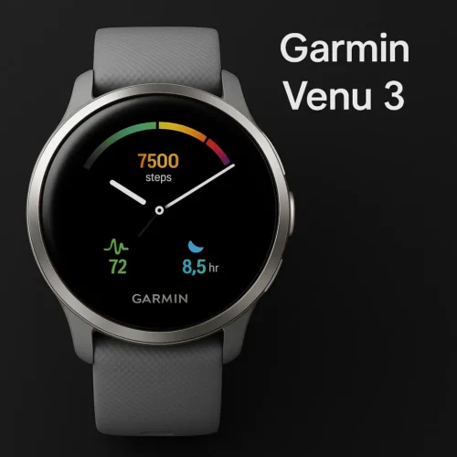 Garmin Venu 3 smartwatch showing steps, heart rate, and sleep data with silver bezel and gray strap
