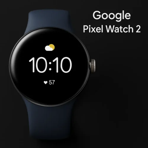 Google Pixel Watch 2 with round face and navy strap displaying time and heart rate on dark background
