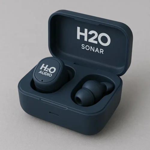 H2O Audio Sonar waterproof earbuds in open navy charging case on gray background