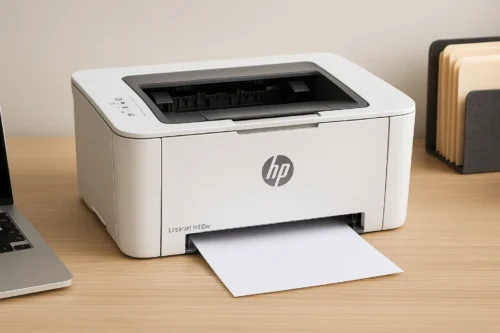 HP LaserJet M110w compact monochrome printer on a wooden desk
