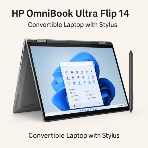 HP OmniBook Ultra Flip 14 in tent mode with stylus showing Windows 11 start menu