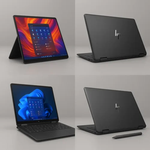 Multiple design views of the HP Spectre x360 2025 in laptop, tablet, and closed modes with stylus