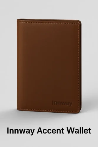 Best Smart Wallets with GPS in 2025 – Track Your Wallet Anytime, Anywhere 9 Innway Accent Wallet in brown leather with subtle logo on soft gray background