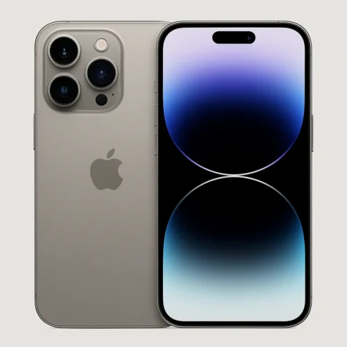 iPhone 15 Pro Max front and back view in natural titanium finish 2025