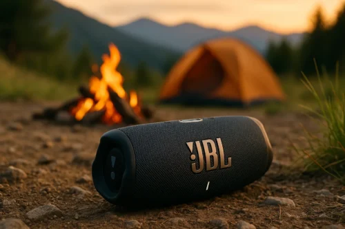 No Power? No Problem! Top Outdoor Bluetooth Speakers with Long Battery Life 8 JBL Charge 5 Bluetooth speaker on rocky campsite ground with campfire and mountains at sunset