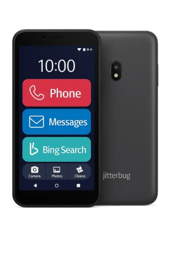 Jitterbug Smart4 front and back view with large icons and simple interface