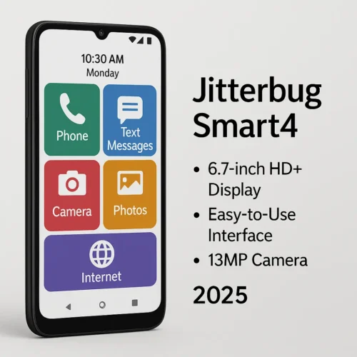Jitterbug Smart4 smartphone 2025 with large icons and simple interface on HD+ display