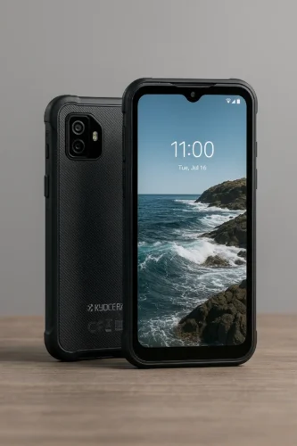 Kyocera DuraForce Ultra 5G rugged smartphone with dual-lens camera and carbon fiber texture, displayed on wooden surface with gray background