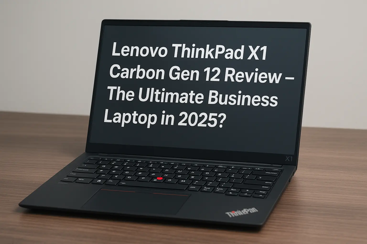 Lenovo ThinkPad X1 Carbon Gen 12 Review – The Ultimate Business Laptop in 2025? 7 Lenovo ThinkPad X1 Carbon Gen 12 on a desk with review title on screen