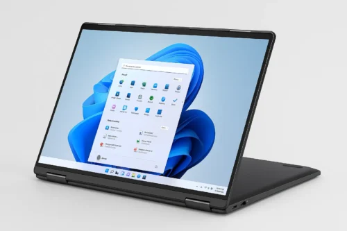 Lenovo Yoga 9i 2025 laptop in tent mode showing Windows 11 screen