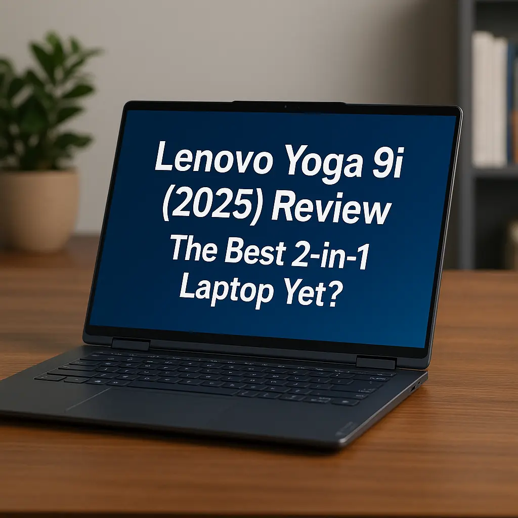 Lenovo Yoga 9i 2025 2-in-1 laptop on desk with review title on screen