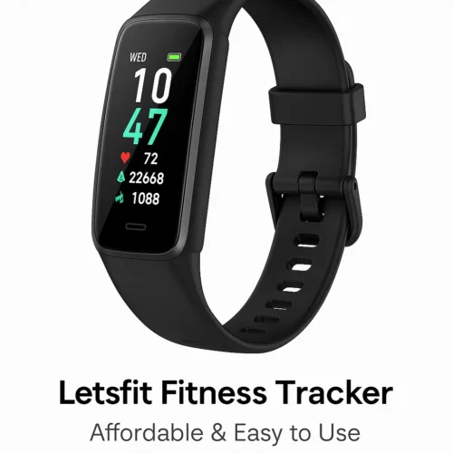 Letsfit fitness tracker with display showing heart rate, step count, and time