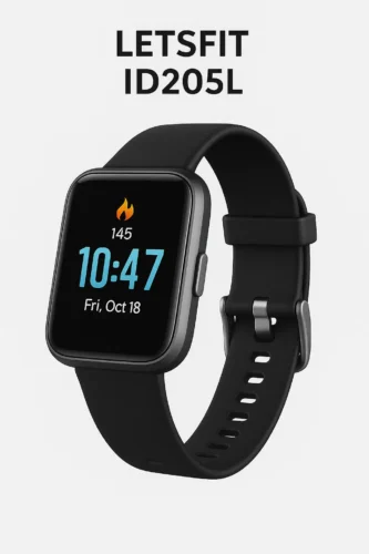 Letsfit ID205L smartwatch with rectangular display and black silicone strap showing time and calories burned