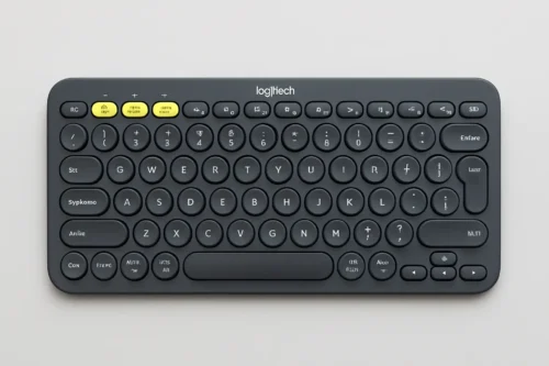 Top view of the Logitech K380 Bluetooth keyboard with round keys and yellow function buttons