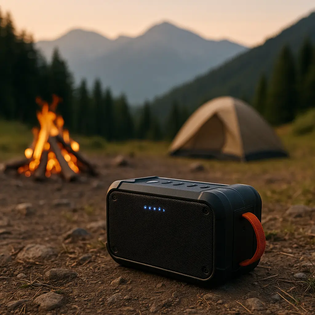 No Power? No Problem! Top Outdoor Bluetooth Speakers with Long Battery Life 7 A rugged Bluetooth speaker on rocky ground at a campsite with campfire and mountains at sunset