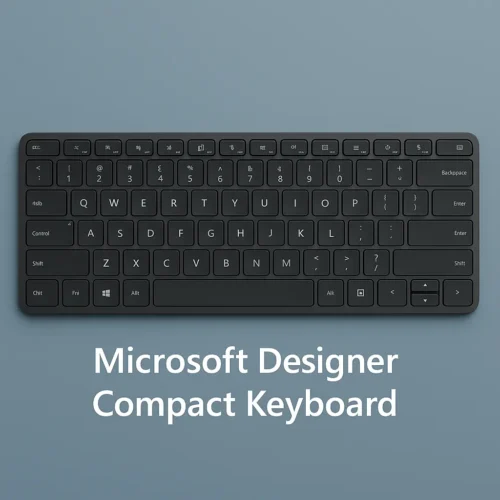 Top view of Microsoft Designer Compact Bluetooth Keyboard with black chiclet keys on a blue background
