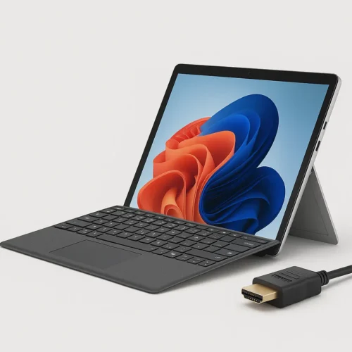 Microsoft Surface Pro 10 with Windows 11 and HDMI cable on side view