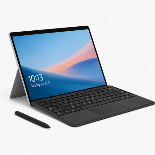 Microsoft Surface Pro 9 with black Type Cover and Surface Pen on white background