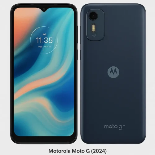 Motorola Moto G Play 2024 front and back view with 50MP camera and curved-edge design