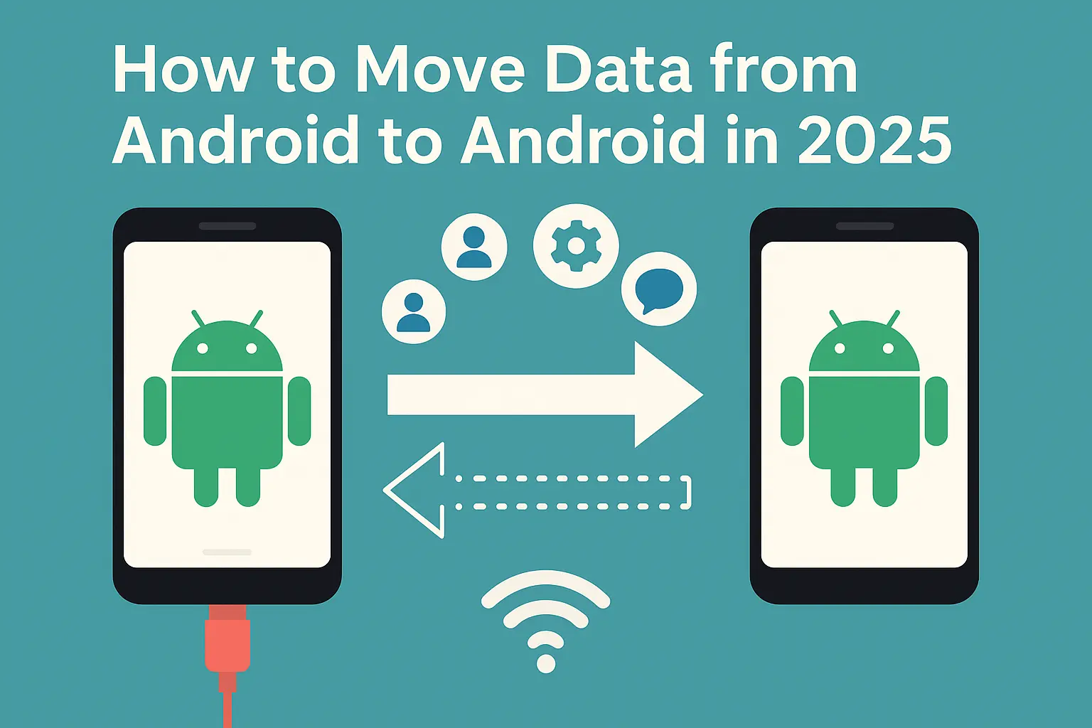 Illustration showing data transfer between two Android phones using cable and wireless methods in 2025