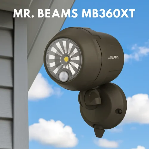 Mr. Beams MB360XT motion sensor spotlight mounted outdoors under blue sky