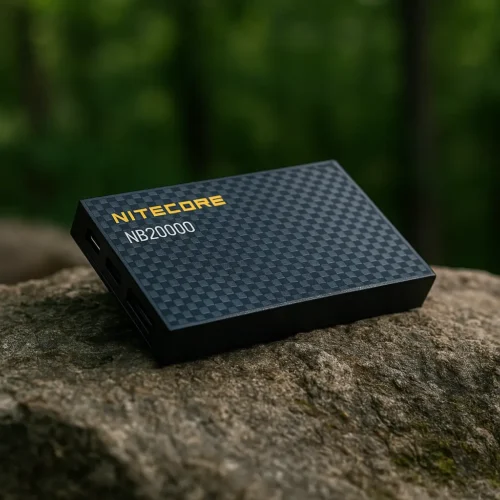 Nitecore NB20000 carbon fiber power bank resting on a rugged rock outdoors with forest background