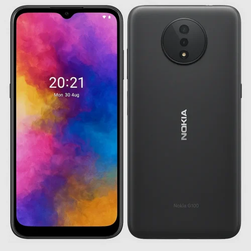 Nokia G100 smartphone front and back view with circular camera and colorful display