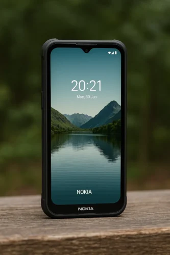 Nokia XR21 rugged smartphone standing on wooden surface with lake and mountain wallpaper in forest background