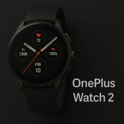 OnePlus Watch 2 with black strap and round display showing heart rate, steps, and date