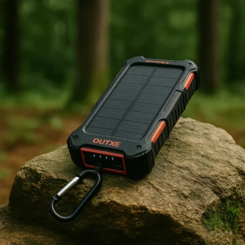 OUTXE rugged solar power bank with red accents and carabiner placed on a mossy rock in forest setting
