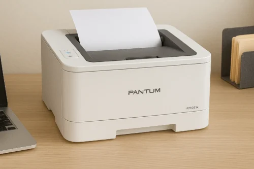 Pantum P2502W monochrome laser printer on a light wood desk