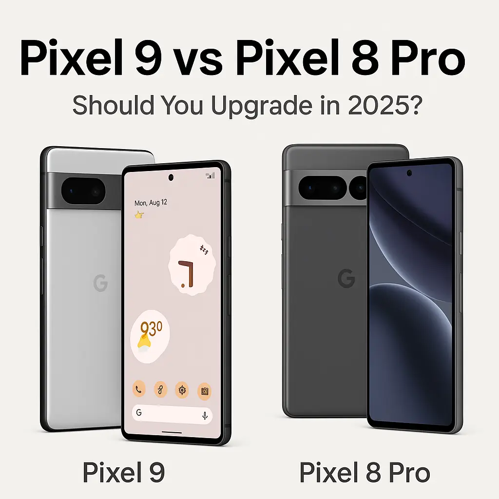 Pixel 9 vs Pixel 8 Pro comparison image with upgrade guide 2025