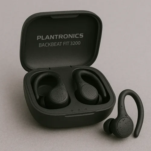 Plantronics BackBeat FIT 3200 wireless waterproof earbuds with earhooks and dark gray case
