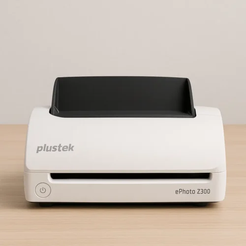 Plustek ePhoto Z300 white portable photo scanner on wooden desk