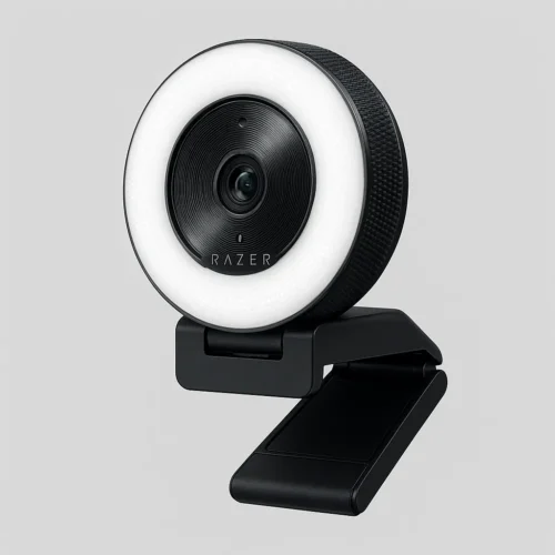 Razer Kiyo webcam with built-in ring light and adjustable clip, angled view - best webcam for video call