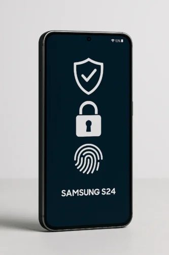 Samsung Galaxy S24 smartphone with privacy icons on screen including fingerprint and lock