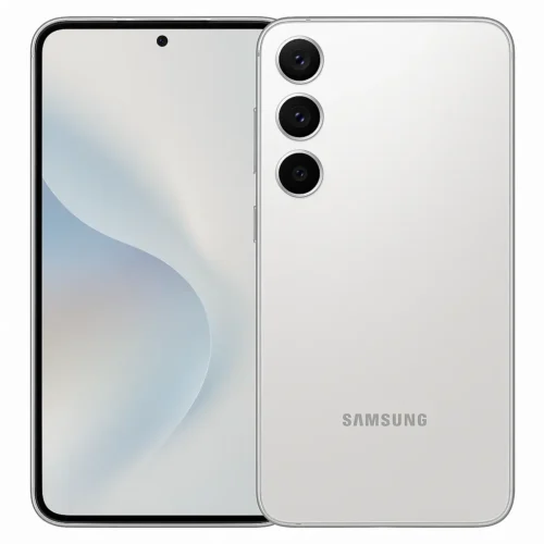 Samsung Galaxy S24 in silver color, front and back view with triple camera and AMOLED display