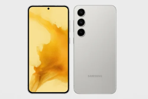 Samsung Galaxy S24 in silver color showing front and back views vs iphone 15