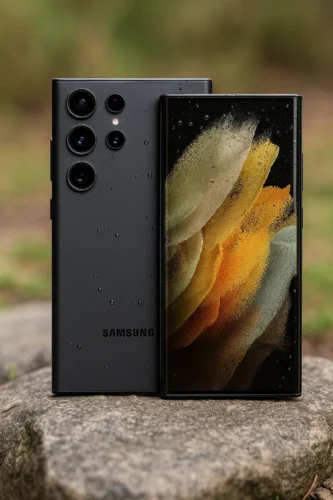 Samsung Galaxy S24 Ultra waterproof phone resting on a rock with water droplets