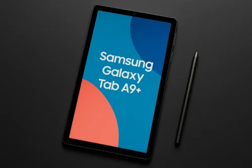Samsung Galaxy Tab A9+ tablet with stylus on black surface